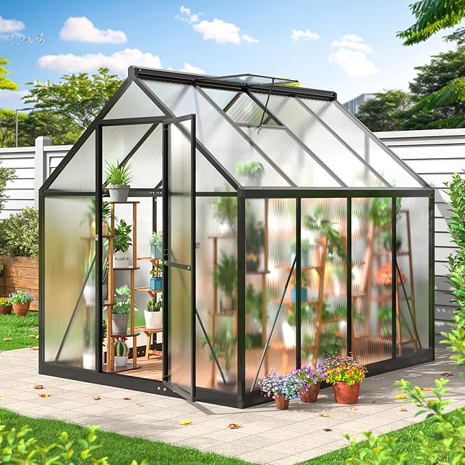 Greenhouse 6×7.5 FT, Quick Setup Polycarbonate Greenhouse for Outdoors with Roof Vent, Walk in Green Houses for Outside for Outdoor Garden Backyard, Black