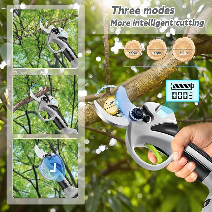 Electric Pruning Shears with Pole 1.4-2.0 Cutting Diameter & 2-IN-1 Electric Pole Pruner,2PCS 3.0Ah Batteries,Brushiless Motor,4 Modes Adjustable Branches Cutter for Flower, Tree Trimming(Gray)