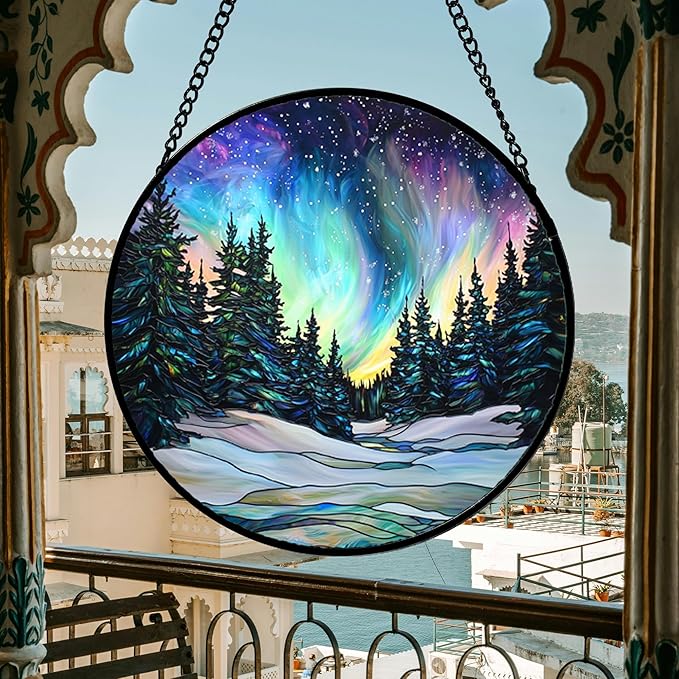 Stained Glass Window Hanging, Aurora Landscape Sun Catchers Glass Panel Green Trees Suncatcher Decor for Birthday for Women, Men, Wife, Aunt, and Mom 14.9x14.9 in