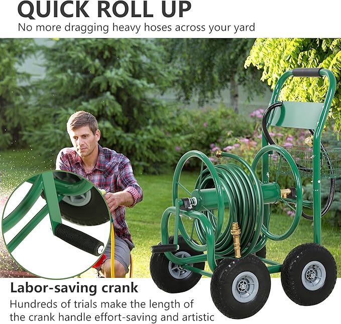 Hose Reel Hold Up To 300 Ft Heavy Duty Garden Hose Reel Sturdy Water Hose Reel Cart with 4 Wheels Storage Basket for Garden Lawn Yard Outdoor (Green)