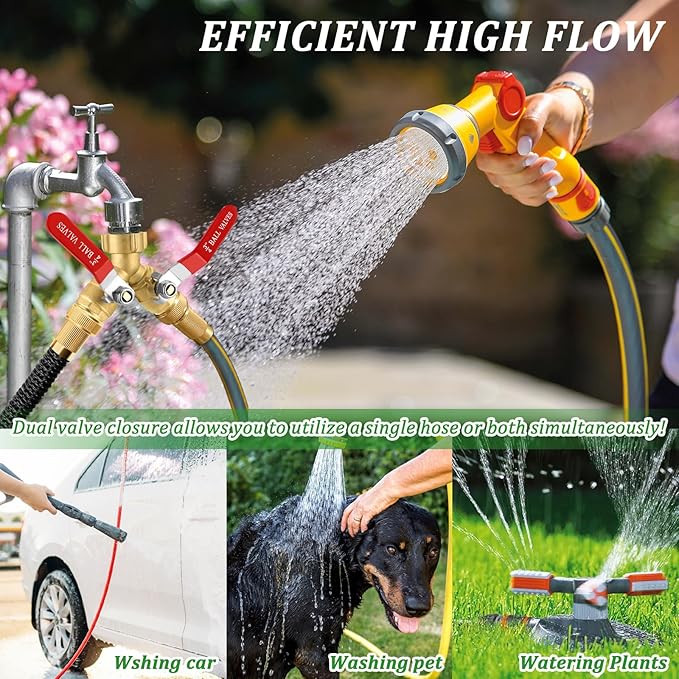 Garden Hose Splitter 2 Way Heavy Duty, Brass Water Hose Splitter with Stainless Steel Long Handle, 3/4 Inch GHT Thread Hose Y Splitter with Shutoff, Faucet Splitter 2 Way with 2 Extra Washers & 1Tape