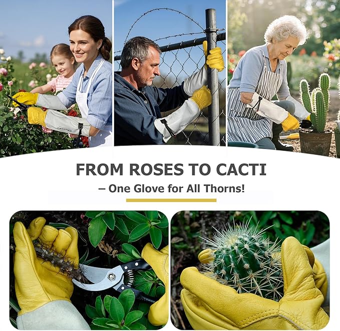 Gardening Gloves Thorn Proof for Rose Pruning & Cactus Trimming, Long Leather Garden Gloves for Women & Men (Small)