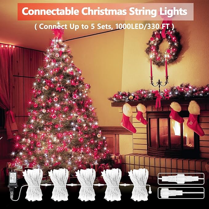 Upgraded Connectable 200 LED String Lights Indoor Outdoor, 66FT Red and White Christmas Lights Waterproof, 13 Modes Twinkle Fairy Lights Plug in Clear Wire for Christmas Tree, Bedroom, Classroom Decor