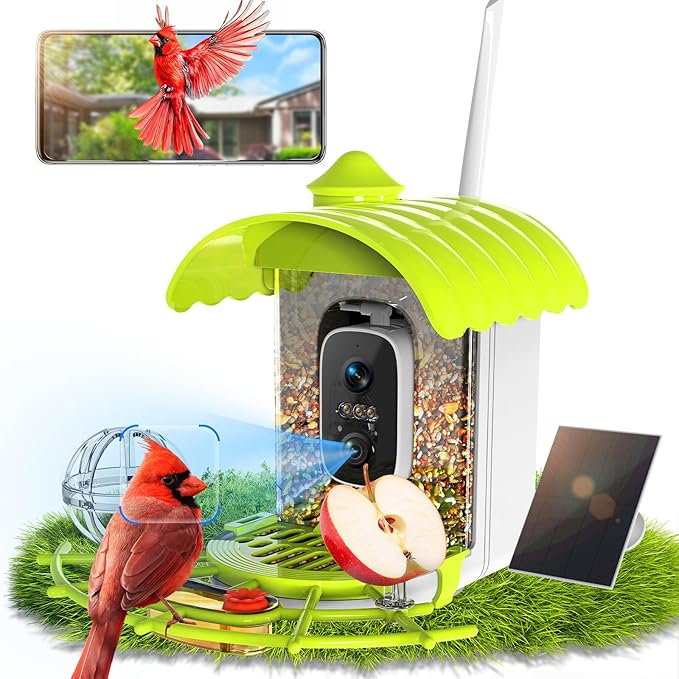 Smart Bird Feeder with Camera, AI Identify Birds Species Solar Powered, 2K HD Video Bird House with Camera, Instant Arrival Alerts, Waterproof Squirrel Proof, Gift for BirdLovers, 2.4GHz WiFi, Green