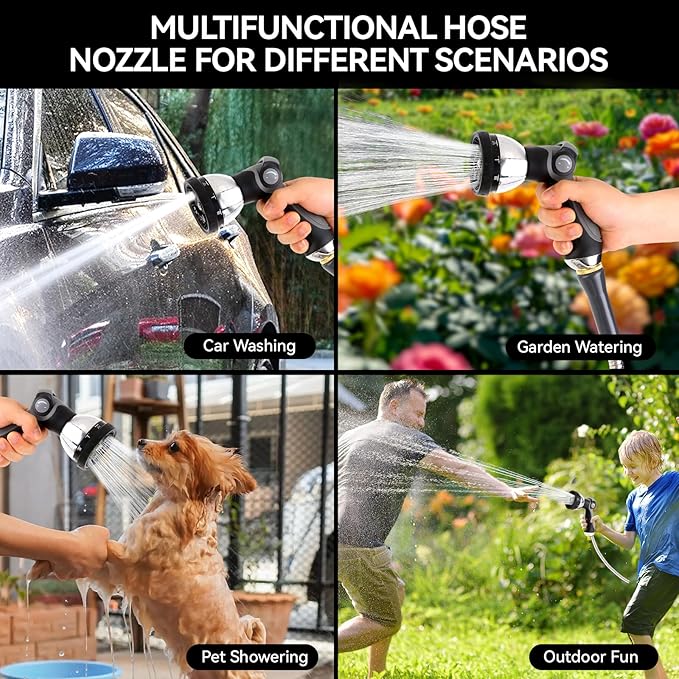 Garden Water Hose Nozzle Metal Heavy Duty Sprayer Thumb Control with 10 Spray Modes Suitable for Watering Plants, Iawn and Garden, Car Washing, Cleaning, Showering Pets and Outdoor Fun, Gray