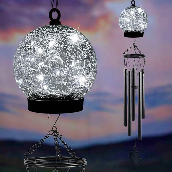 Wind Chimes Outdoor Solar Lights, 42 Inch Large Sympathy Chime 15 Cool White LEDs Crackled Glass Ball Birthday Gifts for Women Decorative Hanging in Garden, Yard, Patio, Landscape