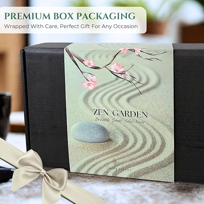 Zen Garden for Desk โ Mini Japanese Rock Garden with Crystals, Bonsai Tree & Sand Tools, 11x7.5in Stress Relief Desk Decor, Meditation & Relaxation Gift Set (Black)
