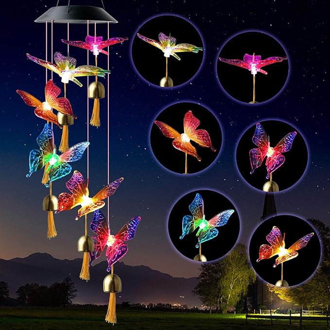 JOBOSI Butterfly Decorative Mobiles Gifts, Solar Wind Chimes, Mothers Day Wind Chime Gifts for mom, Women, Grandmother, Thanksgiving Gift, Mom Best Gift
