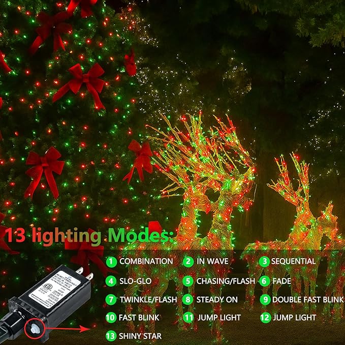 Upgraded Connectable 200 LED Christmas String Lights Outdoor Indoor, 66FT Red and Green Christmas Lights 13 Modes, Waterproof Twinkle Fairy Lights Plug in Clear Wire for Tree, Bedroom Decoration