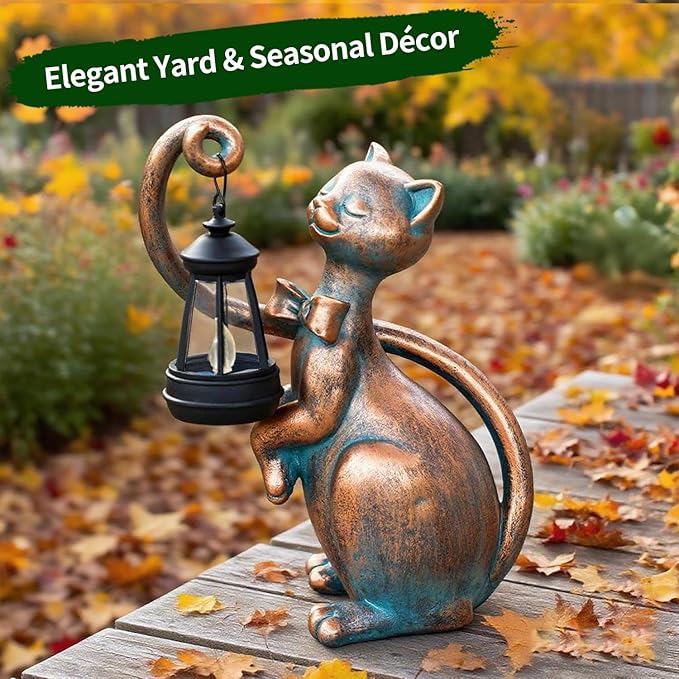 WHIMSYNOOK 10.7" Bronze Cat Solar Garden Statue Light – Cute Kitty Design, Bronze Finish, Solar-Powered LED, Outdoor Yard & Lawn Décor, for Cat Lovers, Mom, and Garden Enthusiasts