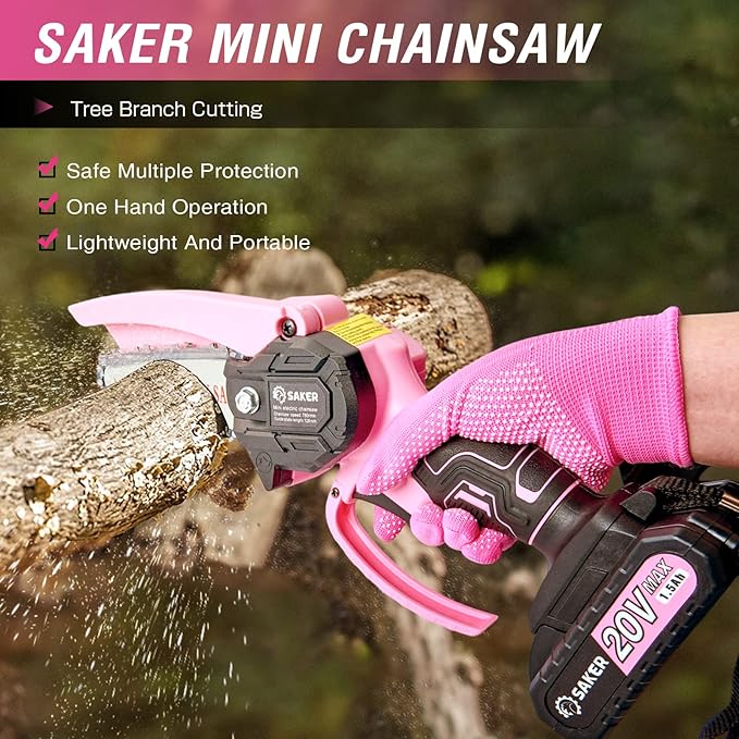 Saker Mini Chainsaw,Portable Electric Pink Mini Chainsaw Cordless,Handheld Chainsaw for Tree Branches,Courtyard, Household and Garden,By 2PCS 20V 1500mAh Batteries and 3 PCS Chains