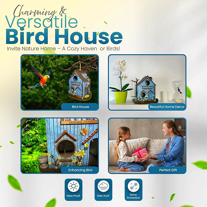Enchanted Forest Outdoor Birdhouse for Hanging - Deluxe Multi-Family Design, Multiple 1.65" Entrance Holes, Swing Perch, Seed Tray, Water Dish, Butterfly & Flower Accents, Weather Resistant Resin