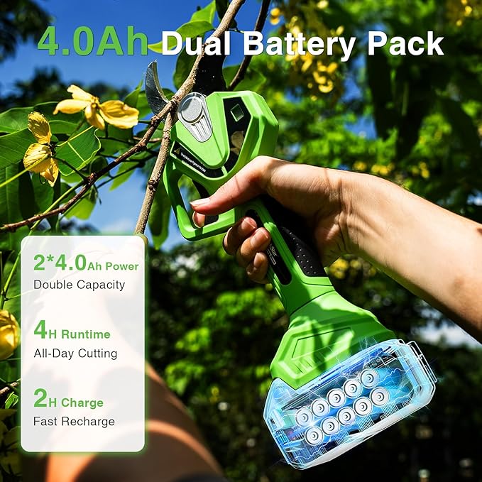 Electric Pruning Shears with Pole: 1.6" Cutting Diameter 2-in-1 Cordless Pole Pruner - 2 Pcs 4.0Ah Batteries, Brushless Motor, Extra SK5 Blade, Branches Cutter for Flower Tree Trimming