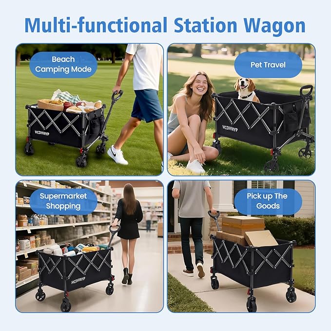 Collapsible Heavy-Duty Wagon Cart with PVC Wheels, Portable Folding Outdoor Utility Wagon for Sports, Garden, Grocery Shopping,Camping, Transportation,Hauling (130L)