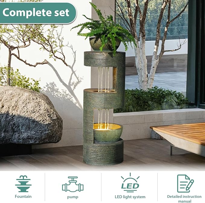 37.8" Outdoor Fountain with Waterfall & LED Lights, Freestanding Garden Water Fountain for Patio/Backyard, Resin Tiered Fountain with Pump