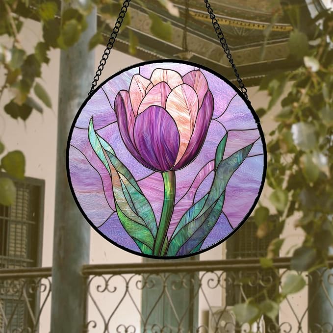 Stained Glass Window Hanging 4 Pcs Set Purple Flower Theme 9.8" - Tulip Suncatcher Door Garden Sun Catcher Decor Birthday Christmas for Plant Lovers Woman Nana Men