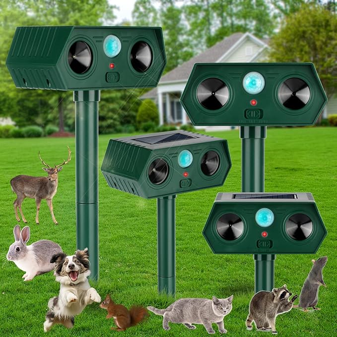 4 Pack 2025 Ultrasonic Animal Repellent Outdoor Cat Repellent Devices Solar Animal Repeller Motion Activated Deterrent to Scare Deer Squirrel Rabbit Raccoon Skunk for Yard Lawn Outdoor