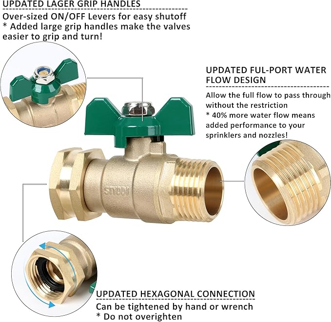 STYDDI Full Flow Brass Garden Hose Shut Off Valve, Heavy Duty 1-Way No Restricted-Flow Water Shut-Off Connector, 3/4” GHT High Flow Hose Ball Valve Adapter Coupling, Lawn Hose-end Flow Control Valve