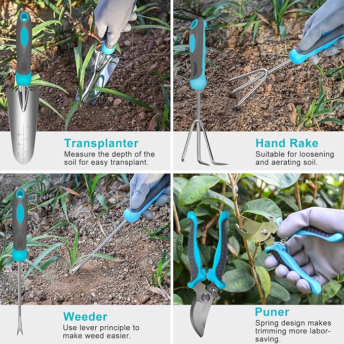 Gardening Tools, Carsolt 10 Piece Heavy Duty Stainless Steel Garden Tools Set with Ergonomic Rubber Handle. Variety of Gardening Hand Tools with Gift Box Ideal Garden Gifts for Women