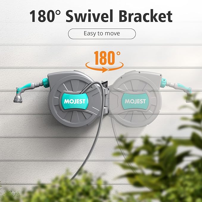 Retractable Garden Hose Reel - 1/2 in x 80 ft Wall Mounted Heavy Duty Water Hose Reel with Automatic Slow Rewind System, 180°Swivel Bracket, 2 Hose Nozzle, Dark Gray