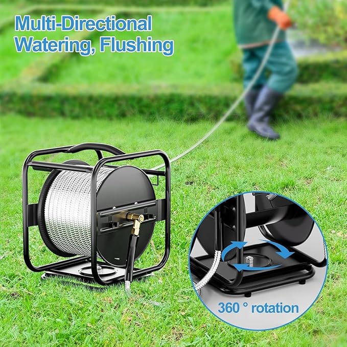 100ft Retractable Garden Hose Reel, Wall Mounted Metal Garden Hose Reel, Heavy Duty Stainless Steel Hose Reel with 9-Pattern Nozzle for Outside, Portable & 360° Rotation Frame