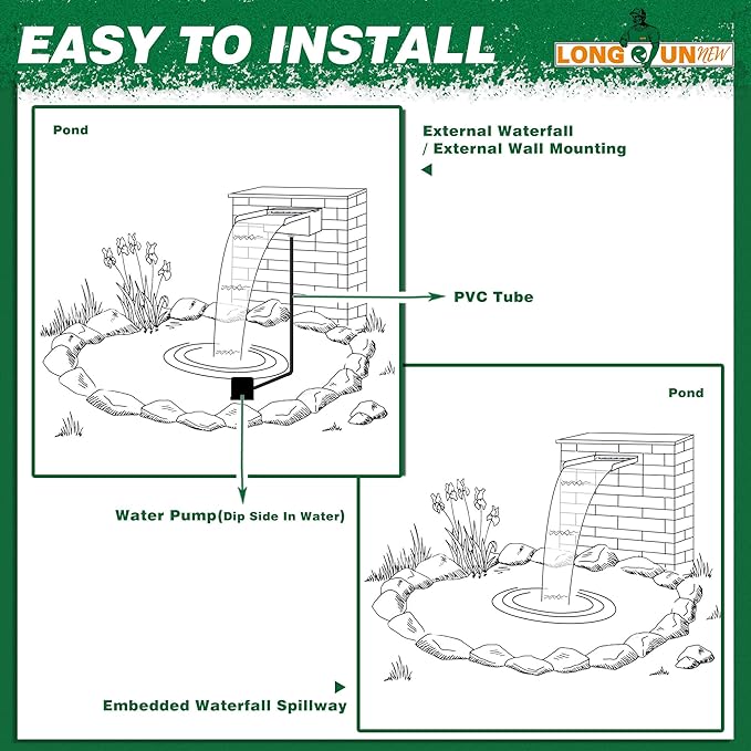 Waterfall Pool Fountain, LONGRUNNEW Stainless Steel Waterfall Spillway with Pipe Connector Kits for Outdoor/Indoor Decorative, 11.8 Inches Pool Water Feature for Garden Patio, Backyard Koi Pond Decor