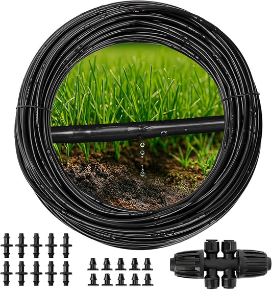 MIXC 1/4" Irrigation Dripline Tubing (100 Ft Roll) with 6" Emitter Spacing - 1/4" Drip Irrigation Fittings Included (Black)