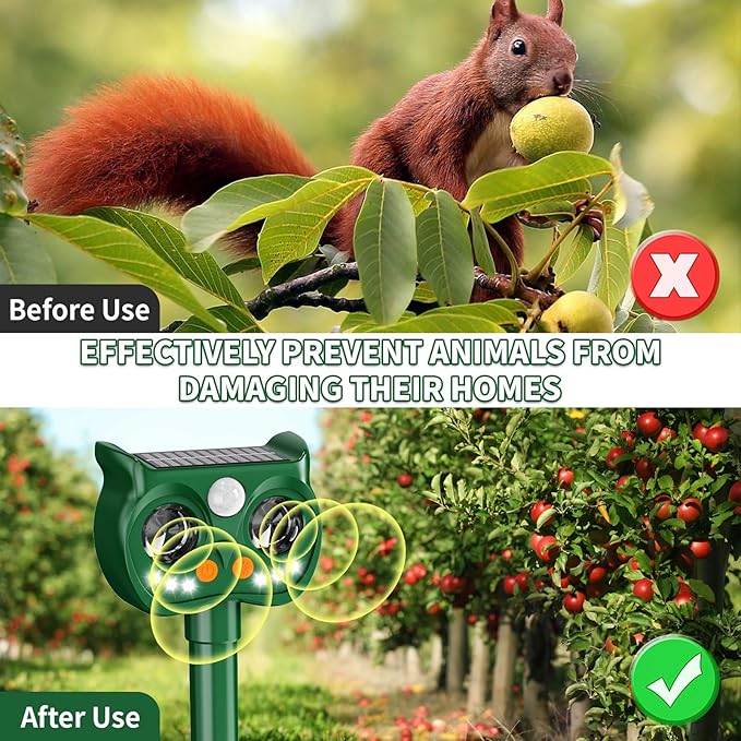2 Pack 2025 Upgraded Solar Ultrasonic Animal Repellent Outdoor – Motion Activated Deer, Squirrel, Cat, Raccoon, Dog & Bird Deterrent with Multi-Frequency LED Strobe & Ultrasonic Sweep for Yard Garden