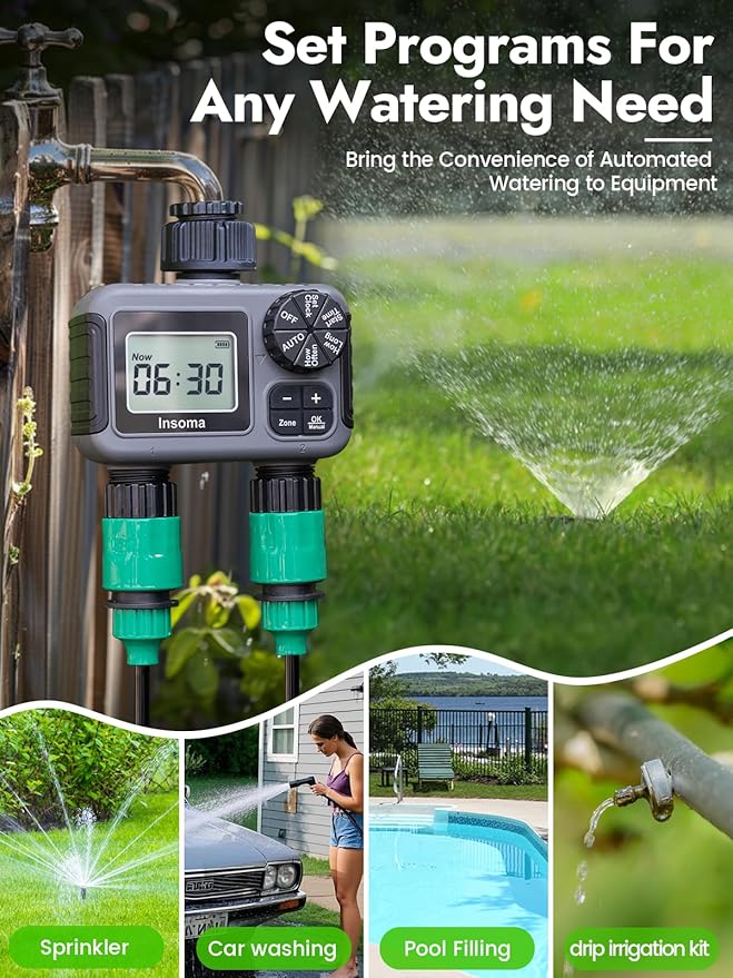 Insoma 2-Zone Sprinkler Timer, Programmable Garden Hose Timer with Auto/Manual/Rain Delay Modes | Water-Saving Irrigation Controller for Lawn, Yard & Drip Systems | Waterproof Design & Easy Setup