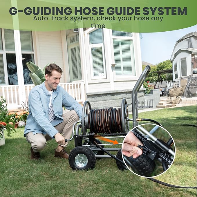 Giraffe Tools Hose Reel Cart with Wheels - Heavy Duty Industrial Hose Reel for Outside, 250-Feet of 5/8" Hose Capacity, Hose Guide Pre-Installed