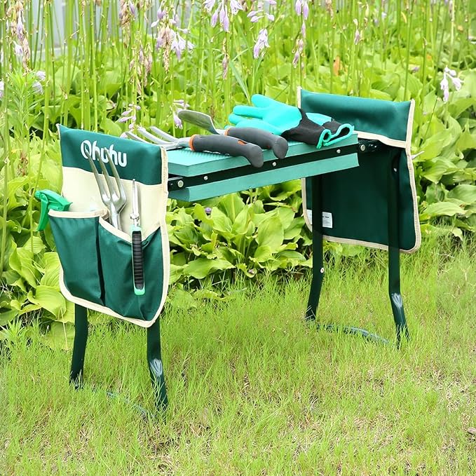 Ohuhu Garden Kneeler and Seat Heavy Duty, Upgraded Gardening Stool with Thicker and Wider EVA Foam Kneeling Pad Foldable Garden Bench with 2 Large Tools Pouches, Ideal Gardening Gifts for Women Men