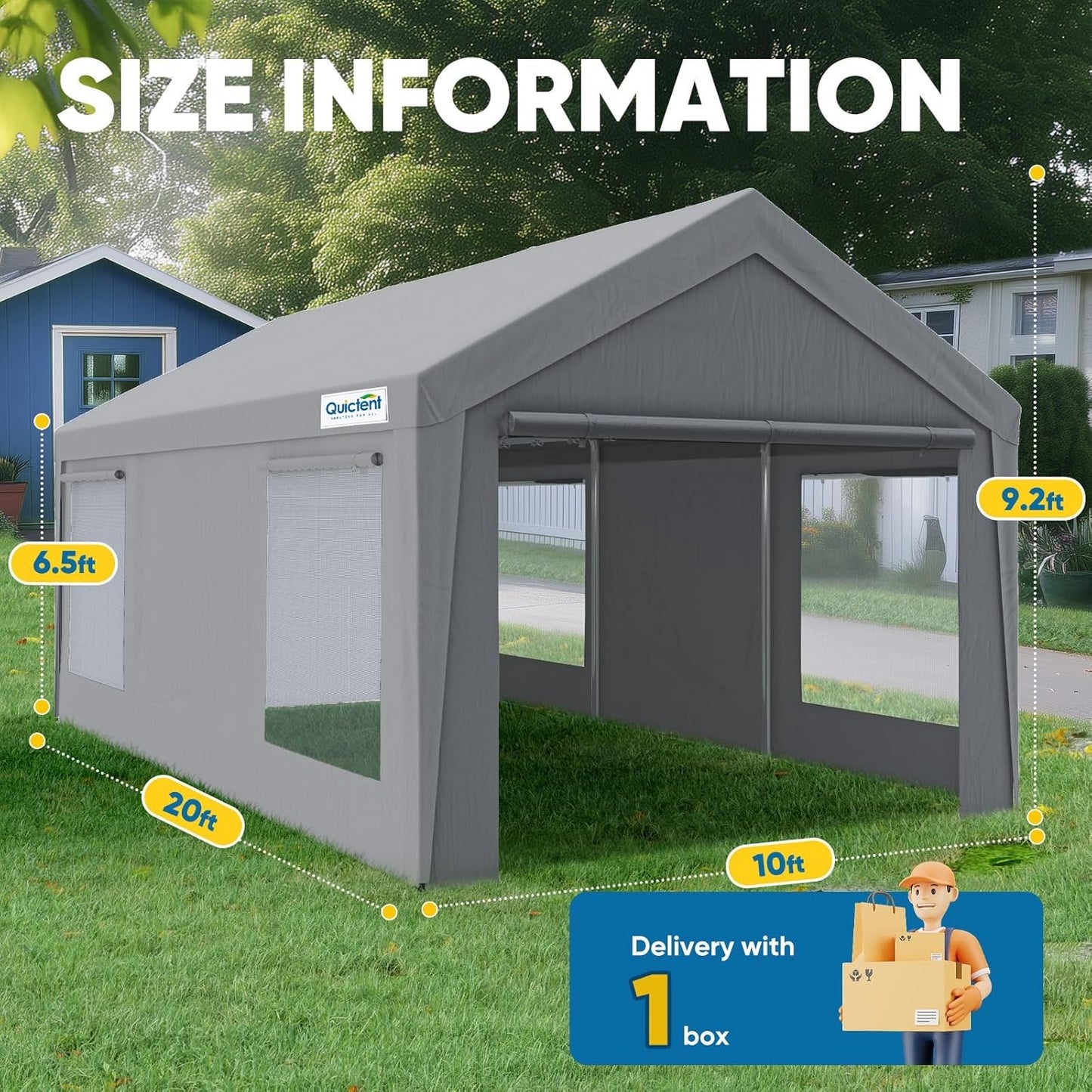 Quictent 10x20 ft Heavy Duty Carport Canopy Galvanized Car Tent Outdoor Garage Boat Shelter with Reinforced Structure with Roll-up Ventilated Windows Sidewall - Gray