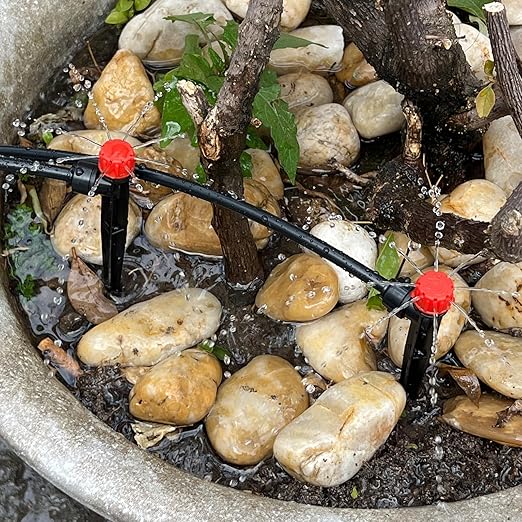 100PCS Drip Irrigation Emitters, Kalolary Adjustable 360 Degree Water Flow Drippers Emitters for 1/4" Drip Irrigation System Tubing, Garden Irrigation Drippers for House Garden Flower beds(Red)