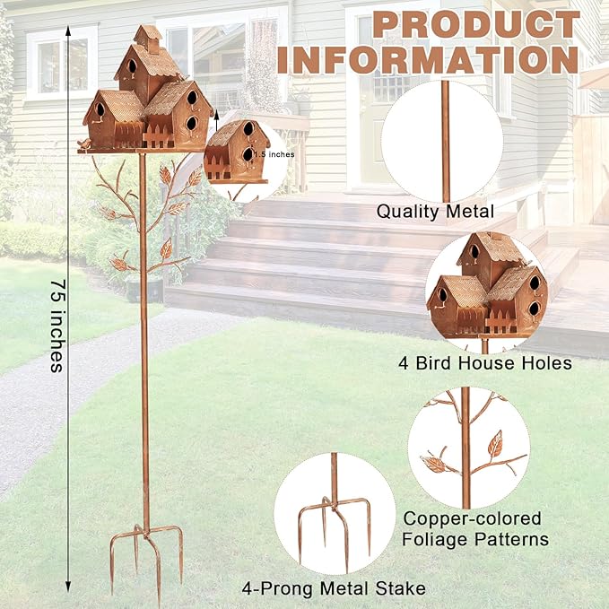 75" Bird Houses Stake for Outside - Metal Copper Colored Multi Bird Houses with Pole for Outdoor Patio Yard Garden Decoration