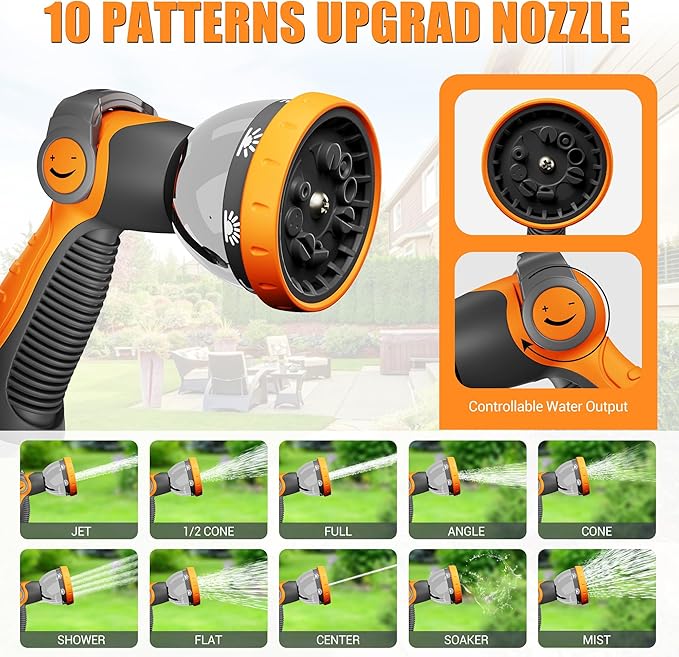 5/8" × 110 ft Retractable Hose Reel, Heavy Duty Retractable Garden Hose Reel Wall Mounted with 10-Pattern Hose Nozzle/Any Length Lock/Slow Return System/180°Swivel Bracket, Orange