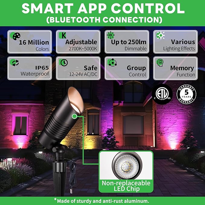 RGBCW Landscape Spotlights Low Voltage - Smart Color-Changing LED 12V Uplights, Spot Lights Outdoor Waterproof, App Control Works with Alexa, Aluminum Black for Outside Trees Wall 4 Pack