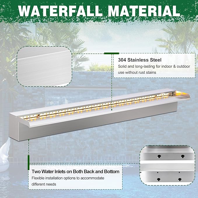 LONGRUN Waterfall Pool Fountain, Updated 5.9'' Wider Open Lip Stainless Steel Waterfall Spillway, Decorative Water Feature for Swimming Pools, Koi Ponds, Spa & Garden - 35.4''