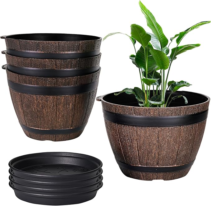 VECELO Plant Pots with Drainage Holes & Saucer, 7.6 Inch Flower Pots with Tray, 4 Pack Plastic Whiskey Barrel Planters for Indoor & Outdoor Garden Home Plants and Flowers