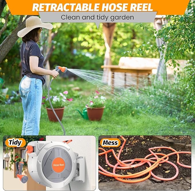 GarveeLife Retractable Garden Hose Reel 5/8 in x 100 Ft, Wall Mounted Garden Hose Reel, with 9 Function Sprayer Nozzle, Any Length Lock, Lock/Automatic Slow Return System, 180° Swivel Bracket(Grey)