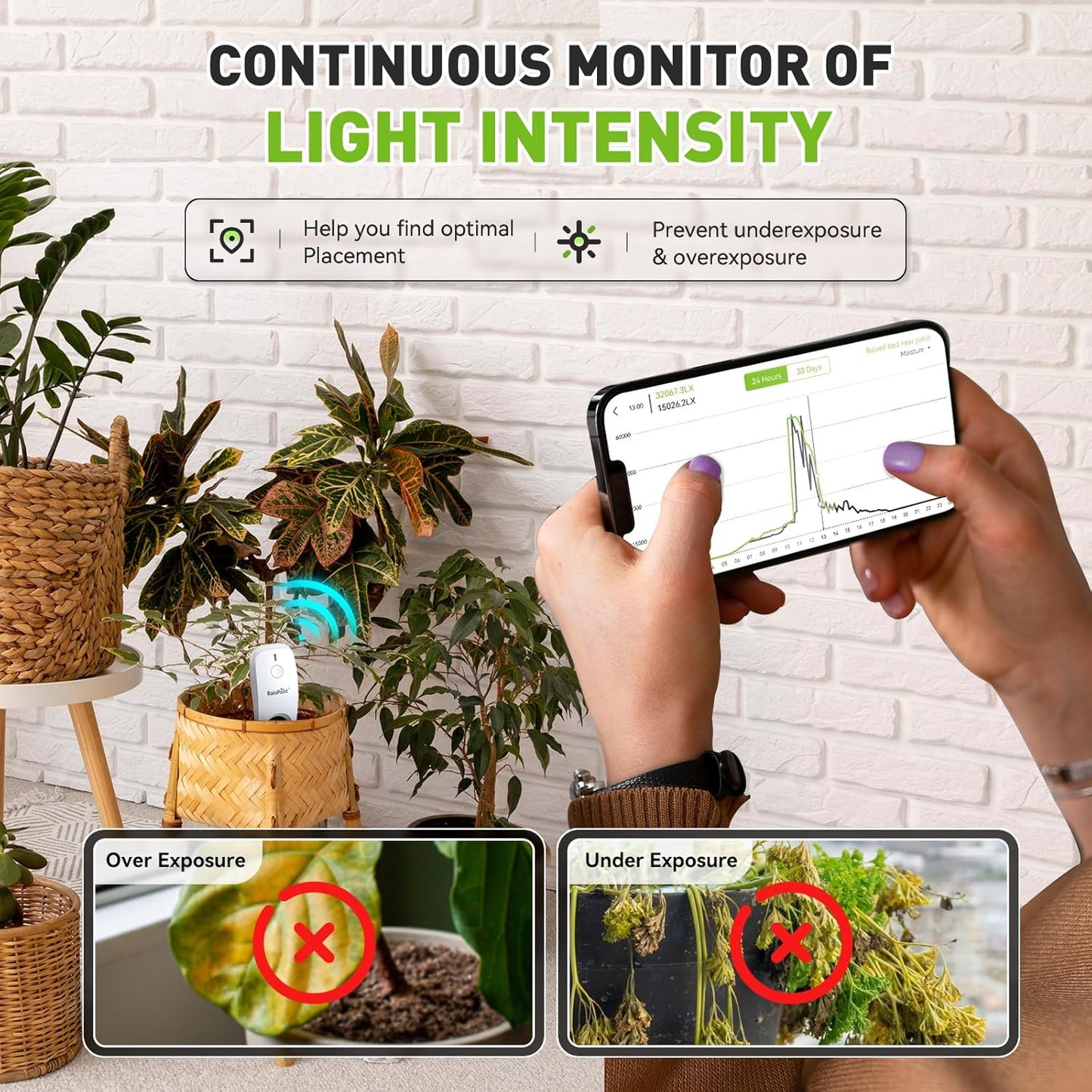 RainPoint 3-in-1 Smart Wireless Soil Moisture Meter for Plants Indoor/Outdoor Without Hub, WiFi APP Temperature Sunlight Sensor for Gardening Lawn Houseplants Monitor Hygrometer
