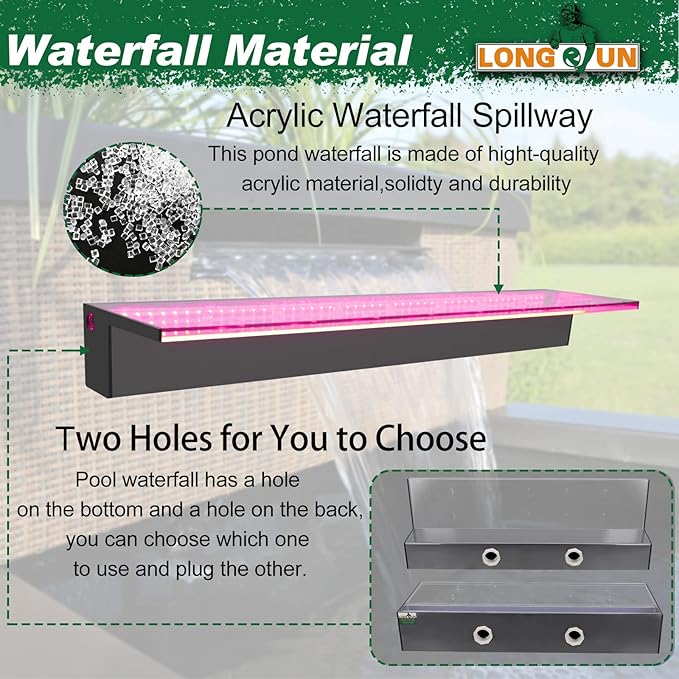 LONGRUN Waterfall Spillway, APP Control Multi-Color LED Light Outdoor Pool Fountain, Acrylic Water Spillway Koi Pond Waterfalls Fountains Kit for Garden Patio Swimming Pool Decoration-35.4"