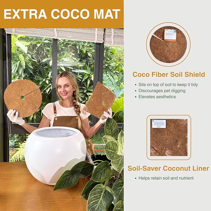 12.8βH x 16βD Globo Fiberstone Round Planter with Drainage Hole, Weather Resistant, Planters for Indoor Plants & Outdoor, 2 Extra Coco Mats (Light French Gray, 10.7β Pot Opening)