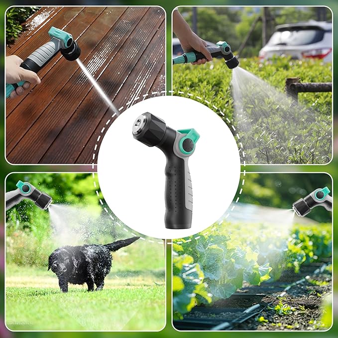 Garden Hose Nozzle Sprayer, Heavy Duty 100% Metal High Pressure Hose Nozzle with 4 Spray Patterns, Thumb Control Valve for Lawn & Plant Watering, Washing Cars, Pets Showering