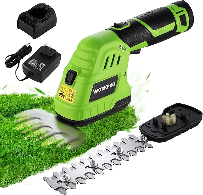 WORKPRO 12V Cordless Grass Shear & Shrubbery Trimmer - 2 in 1 Handheld Hedge Trimmer, Electric Grass Cutter with 2.0Ah Rechargeable Lithium-Ion Battery & 1 Hour Fast Charger