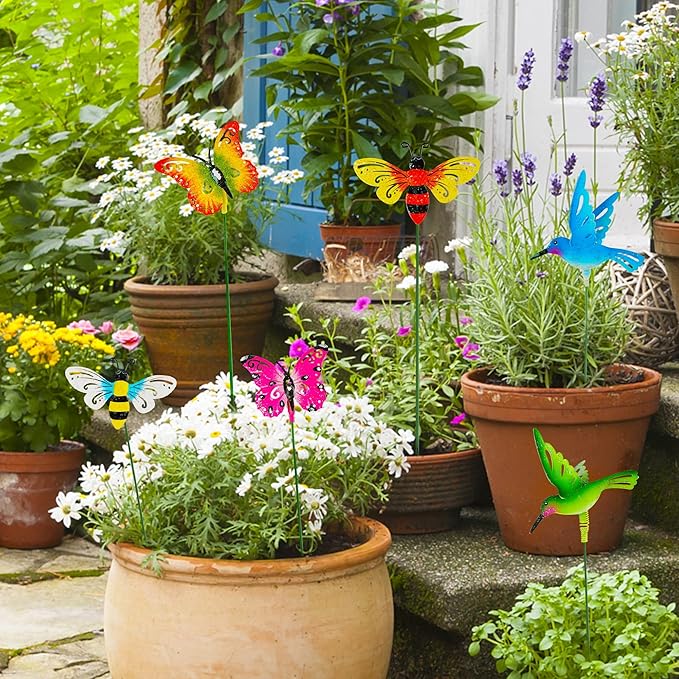 Juegoal 6 Pack Metal Yard Stakes Spring Decor, Outdoor Metal Colorful Butterfly Hummingbird & Bee Shaking Head Yard Art, Rust Proof Metal Plant Sticks for Yard Lawn Pathway Patio Ornaments