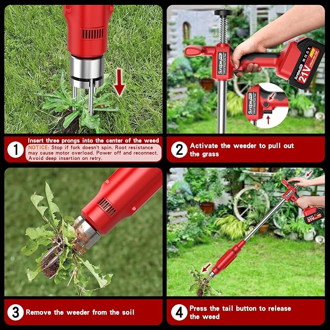 Electric Weed Puller Tool - 3 Claw Steel Head Stand Up Long Handle Weed Puller With 2 x 4.0Ah Battery & Charger & Small Shovel Versatile Garden Tools For Dandelion Lawn Flower Beds Yard