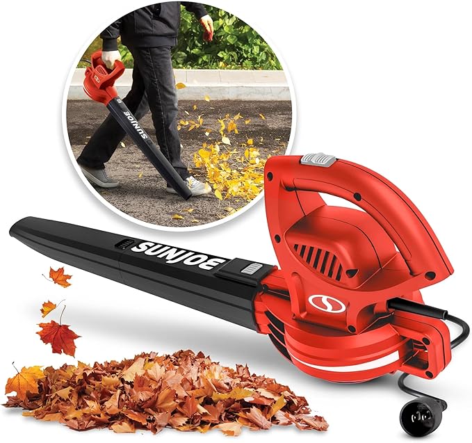 Sun Joe Corded Electric Leaf Blower Machine, 155 MPH, 260 CFM, 6-Amp Motor, Red - Portable and Lightweight Gardening Equipment for Yard Care and Lawn Maintenance, SBJ597E-RED