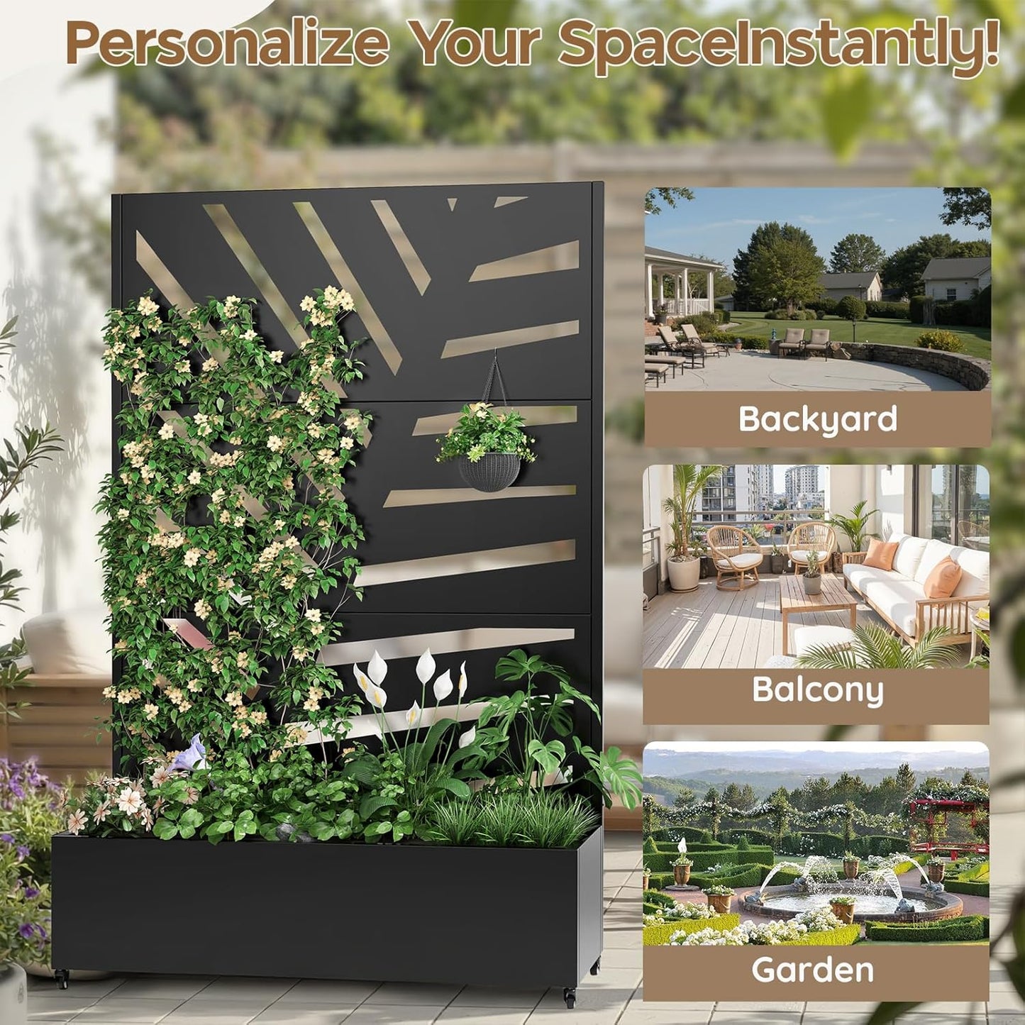 Metal Raised Garden Bed with Trellis & Wheels,72" x 47"x 15.7" Planter Box with Trellis,Privacy Planters for Patio,Garden Bed for Climbing Plants,Suitable for Climbing Plants and Vegetables,Black