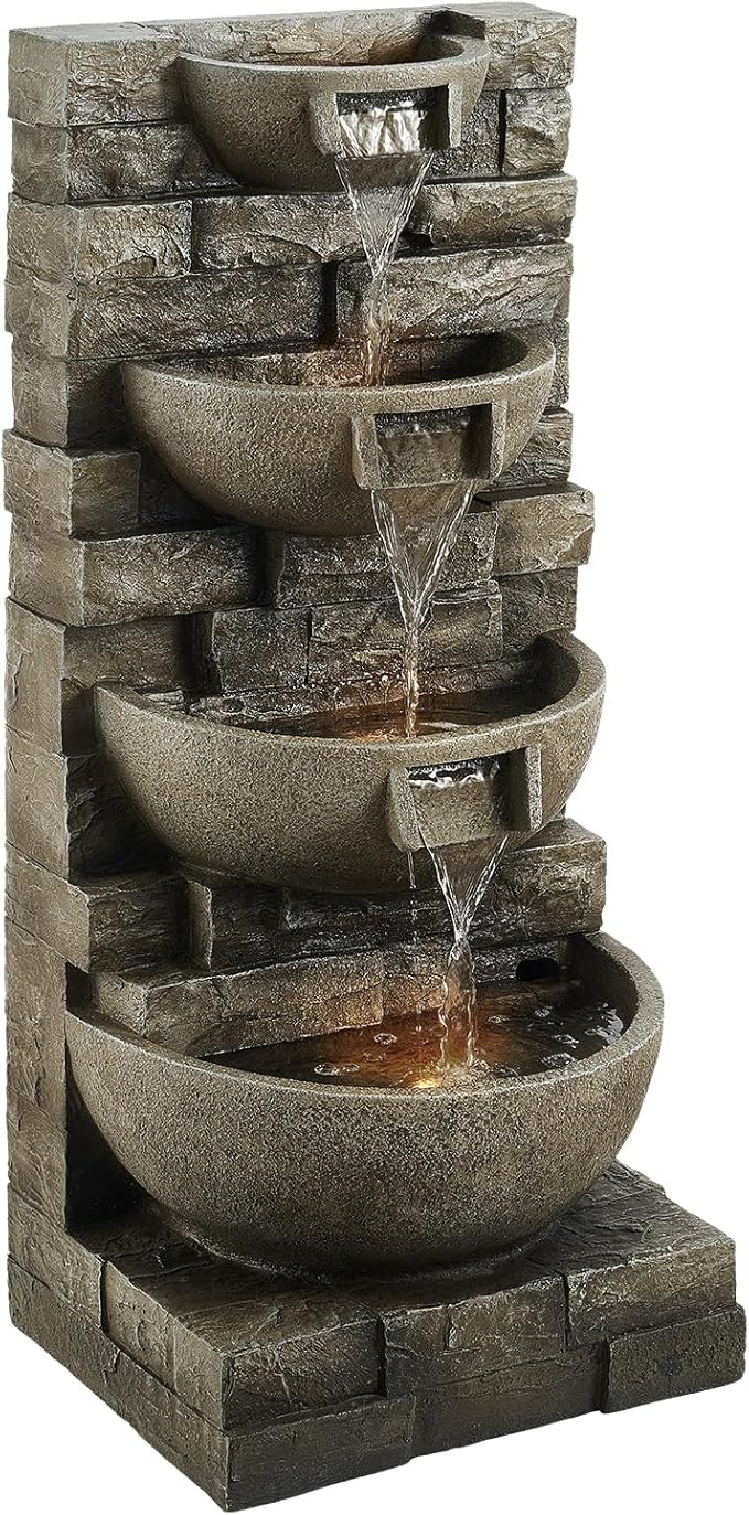 VEVOR Outdoor Water Fountain, 35.63 in Height Fountain and Waterfall, 4-Tier Floor Standing Cascading Fountains with LED Light and Pump, Block Stack Style, for Outdoor Indoor Garden, Patio & Backyard