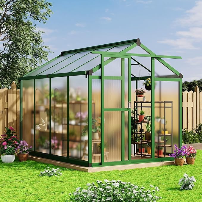 6x8 FT Polycarbonate Greenhouse with Roof Vent - Large Aluminum Walk-in Greenhouse Kit for Gardening, Backyard, Patio, Lawn - Easy Assembly